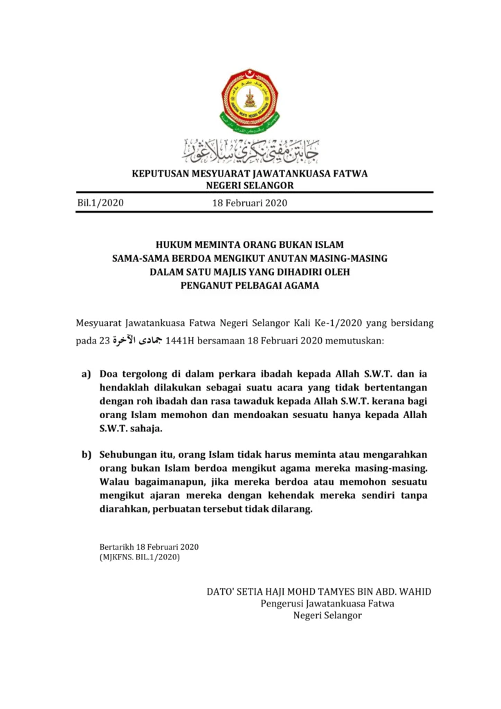 Imbasan halaman 1 daripada 1 — Hukum Meminta Orang Bukan Islam Sama-Sama Berdoa Mengikut Anutan Masing-Masing dalam Satu Majlis yang Dihadiri oleh Penganut Pelbagai Agama