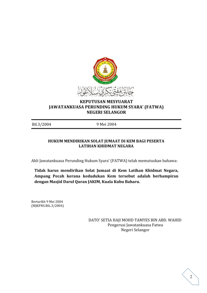 Imbasan halaman 1 daripada 1 — Hukum Mendirikan Solat Jumaat Di Kem Bagi Peserta Latihan Khidmat Negara