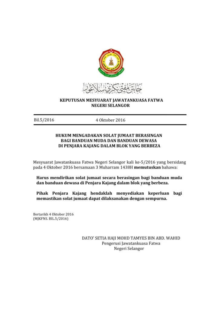 Imbasan halaman 1 daripada 1 — Hukum Mengadakan Solat Jumaat Berasingan Bgai Banduan Muda dan Banduan Dewasa Di Penjara Kajang Dalam Blok Yang Berbeza