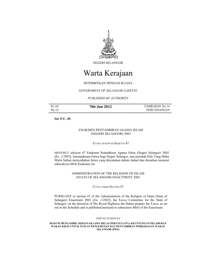 Imbasan halaman 1 daripada 2 — Hukum Mengambil Sebanyak Lima Belas Peratus (15%) Keuntungan Pelaburan Wakaf Khas Untuk Tujuan Pengurusan Dan Pentadbiran Perbadanan Wakaf Selangor (PWS)