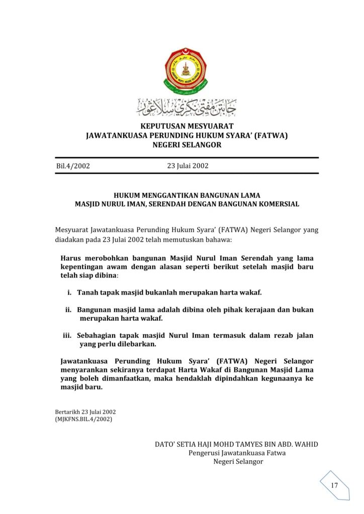 Imbasan halaman 1 daripada 1 — Hukum Menggantikan Bangunan Lama Masjid Nurul Iman, Serendah Dengan Bangunan Komersial