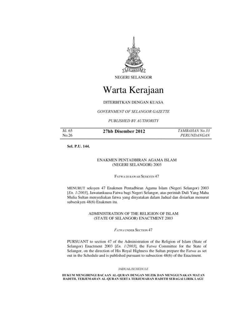 Imbasan halaman 1 daripada 2 — Hukum Mengiringi Bacaan Al-Quran Dengan Muzik Dan Menggunakan Matan Hadith, Terjemahan Al-Quran Serta Terjemahan Hadith Sebagai Lirik Lagu
