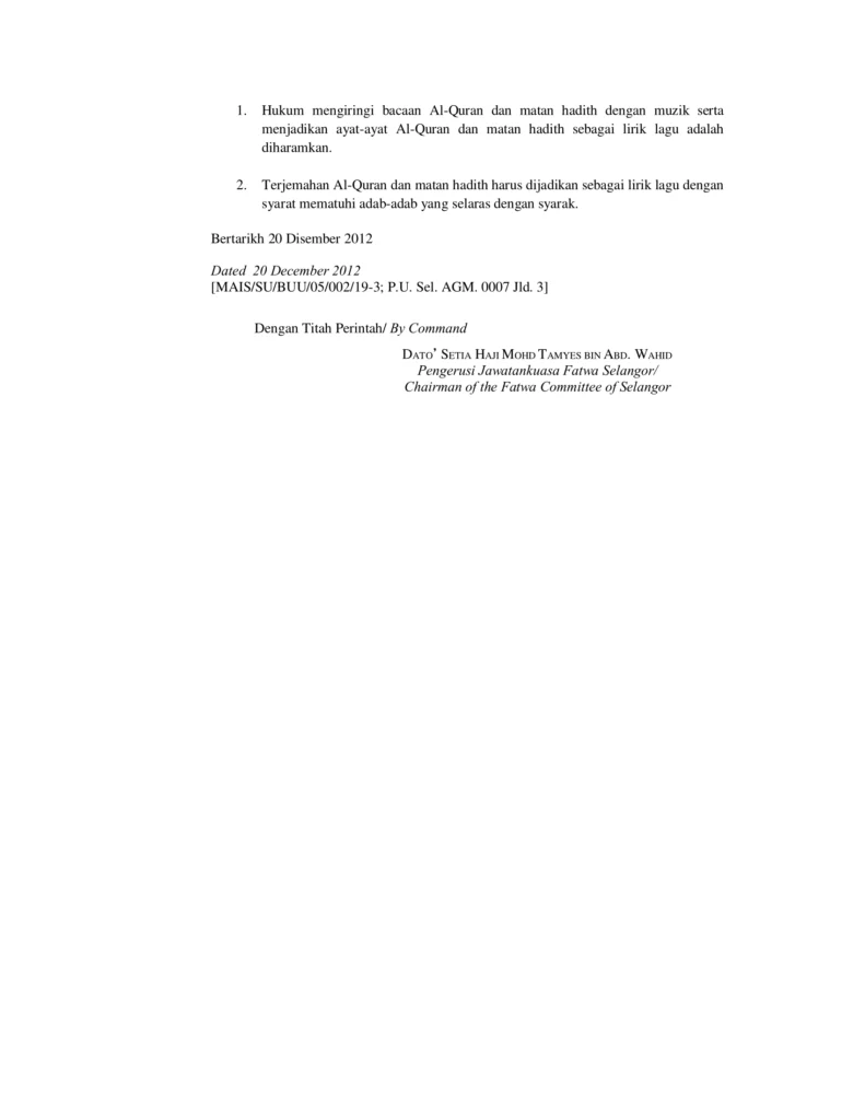 Imbasan halaman 2 daripada 2 — Hukum Mengiringi Bacaan Al-Quran Dengan Muzik Dan Menggunakan Matan Hadith, Terjemahan Al-Quran Serta Terjemahan Hadith Sebagai Lirik Lagu