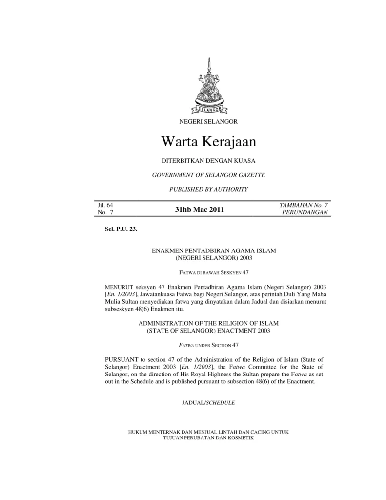 Imbasan halaman 1 daripada 2 — Hukum Menternak Dan Menjual Lintah Dan Cacing Untuk Tujuan Perubatan Dan Kosmetik