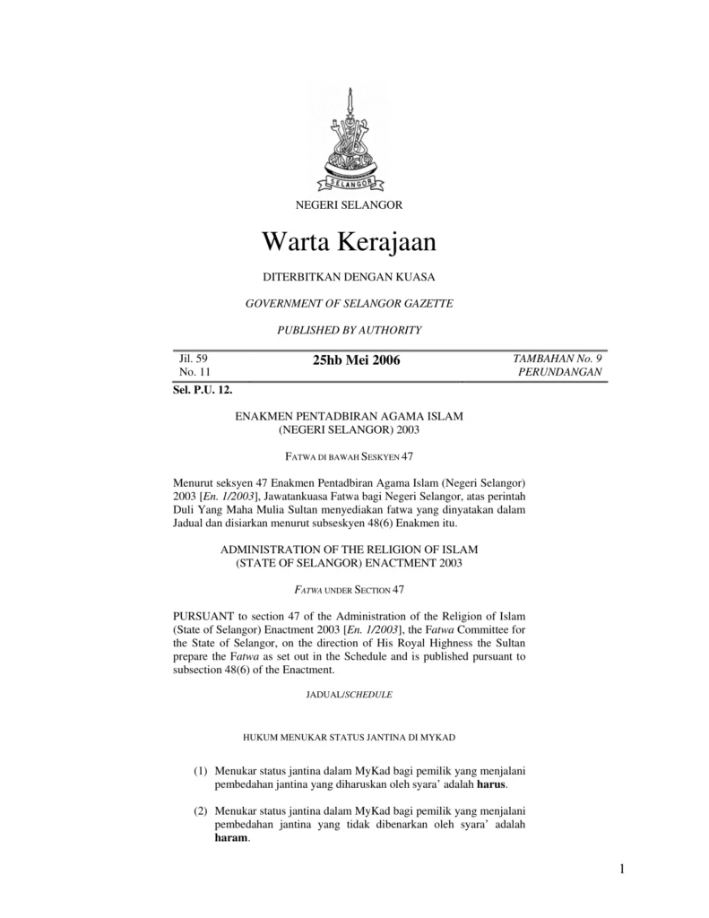 Imbasan halaman 1 daripada 2 — Hukum Menukar Status Jantina Di Mykad