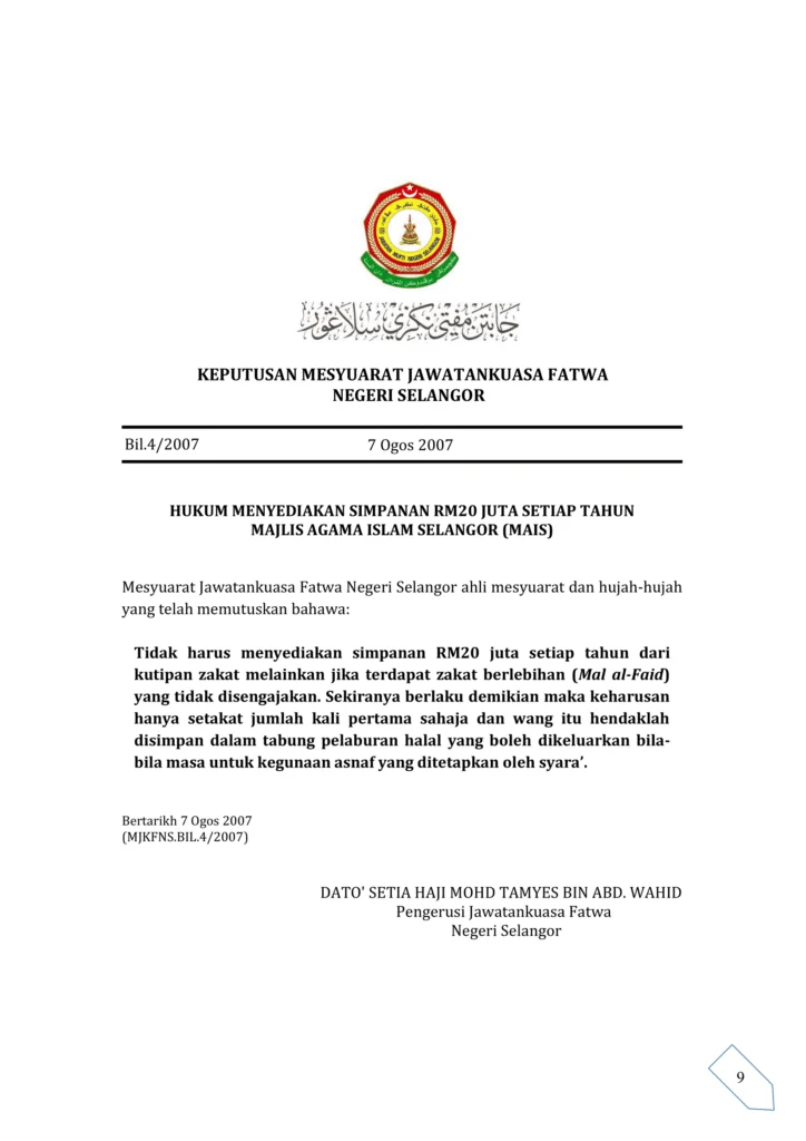 Imbasan halaman 1 daripada 1 — Hukum Menyediakan Simpanan RM20 Juta Setiap Tahun Majlis Agama Islam Selangor (MAIS)