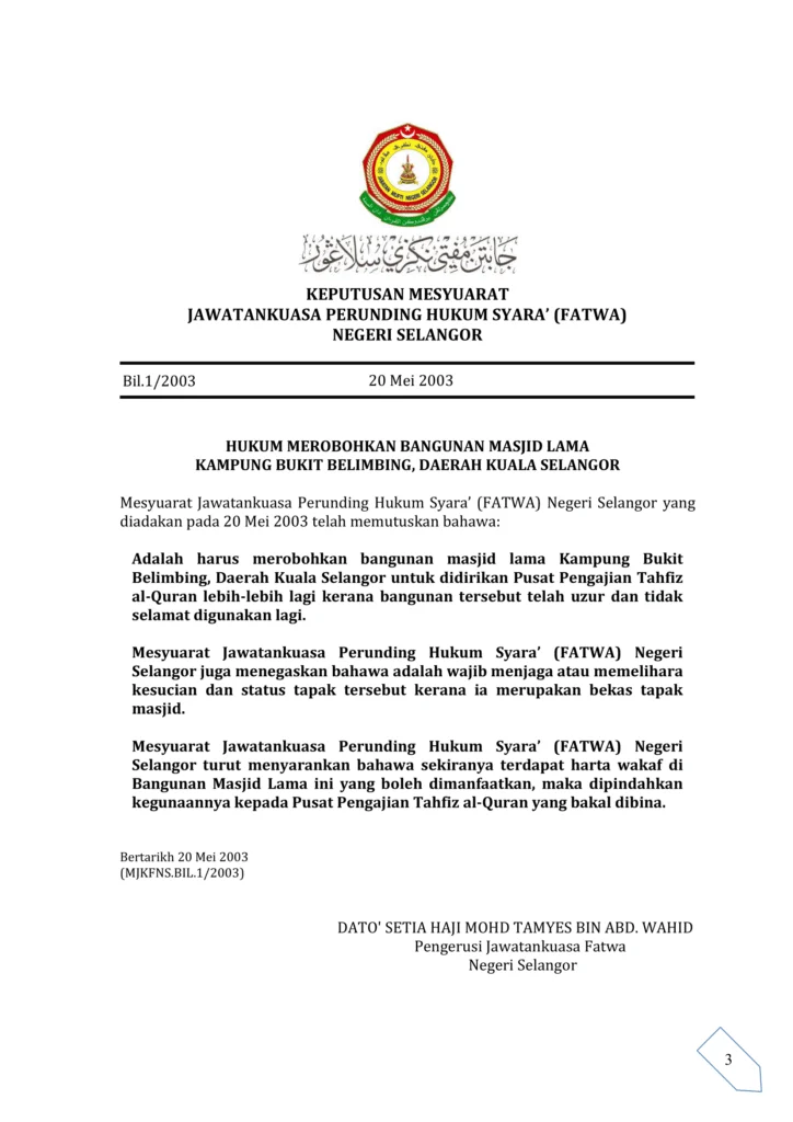 Imbasan halaman 1 daripada 1 — Hukum Merobohkan Bangunan Masjid Lama Kampung Bukit Belimbing, Daerah Kuala Selangor