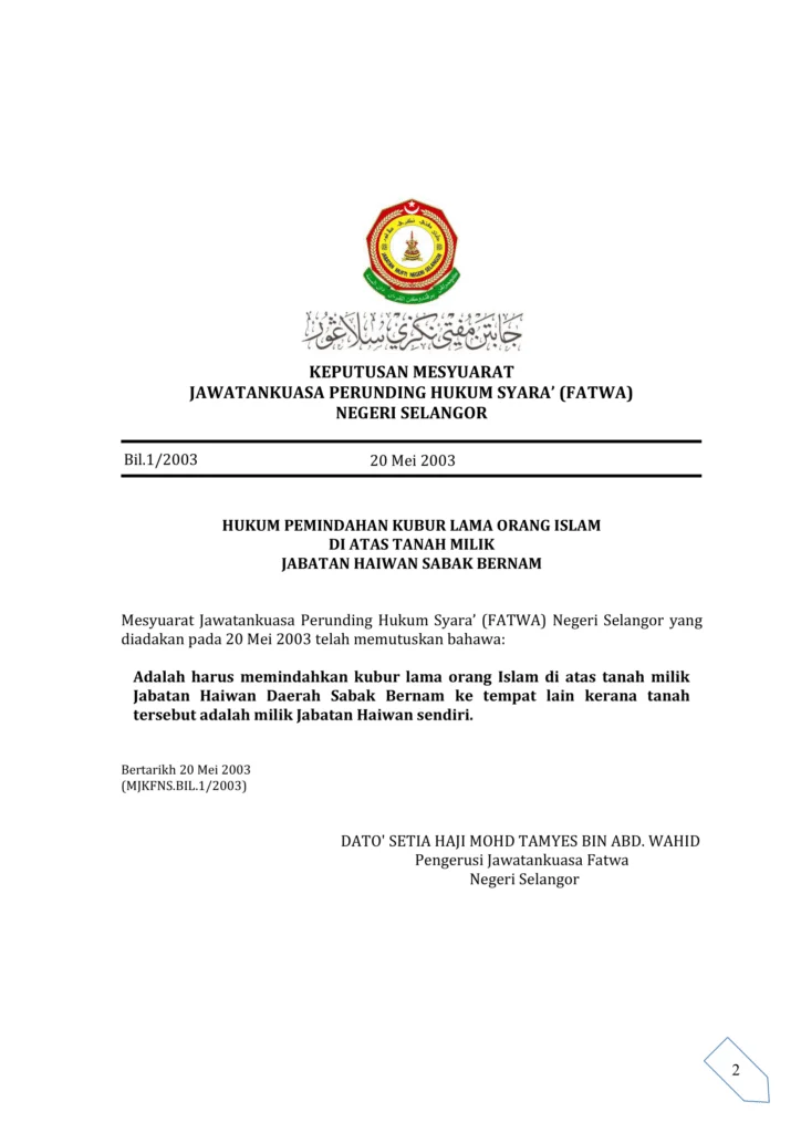 Imbasan halaman 1 daripada 1 — Hukum Pemindahan Kubur Lama Orang Islam Di Atas Tanah Milik Jabatan Haiwan Sabak Bernam