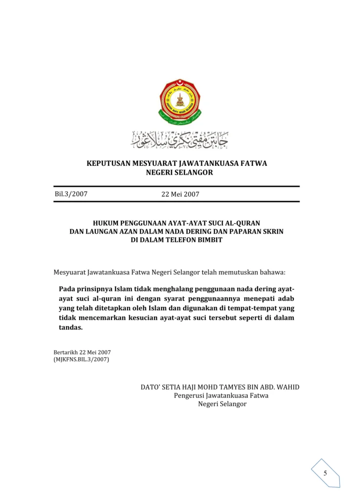 Imbasan halaman 1 daripada 1 — Hukum Penggunaan Ayat-Ayat Suci Al-Quran Dan Laungan Azan Dalam Nada Dering Dan Paparan Skrin Di Dalam Telefon Bimbit