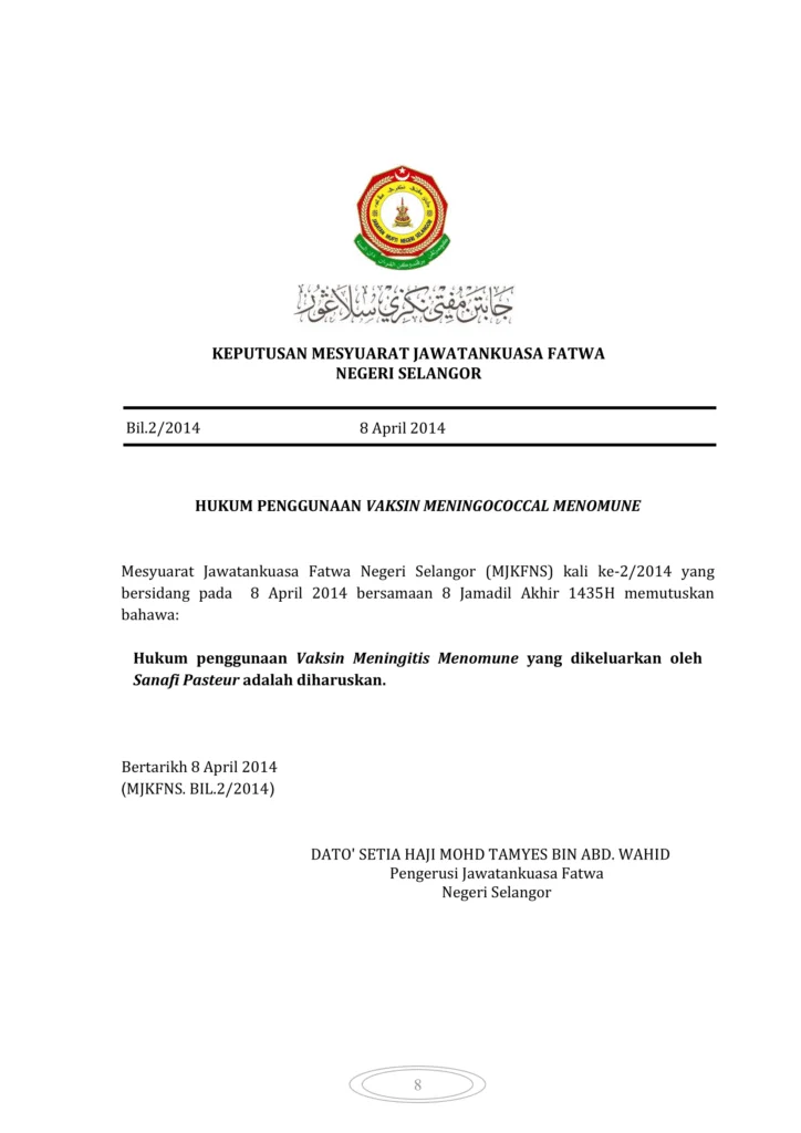 Imbasan halaman 1 daripada 1 — Hukum Penggunaan Vaksin Meningococcal Menomune