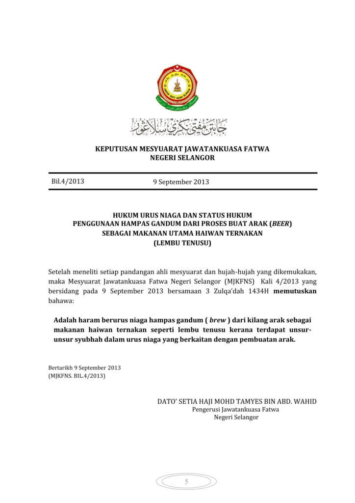 Imbasan halaman 1 daripada 1 — Hukum Urus Niaga Dan Status Hukum Penggunaan Hampas Gandum Dari Proses Buat Arak (Beer) Sebagai Makanan Utama Haiwan Ternakan (Lembu Tenusu)