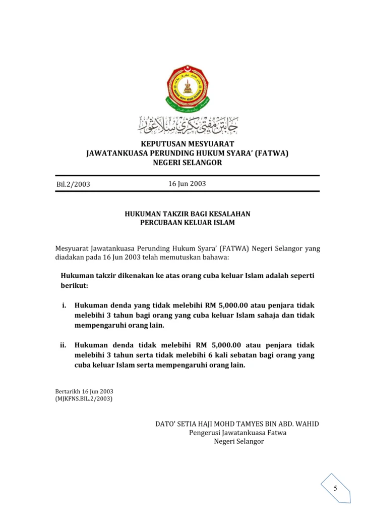 Imbasan halaman 1 daripada 1 — Hukuman Takzir Bagi Kesalahan Percubaan Keluar Islam