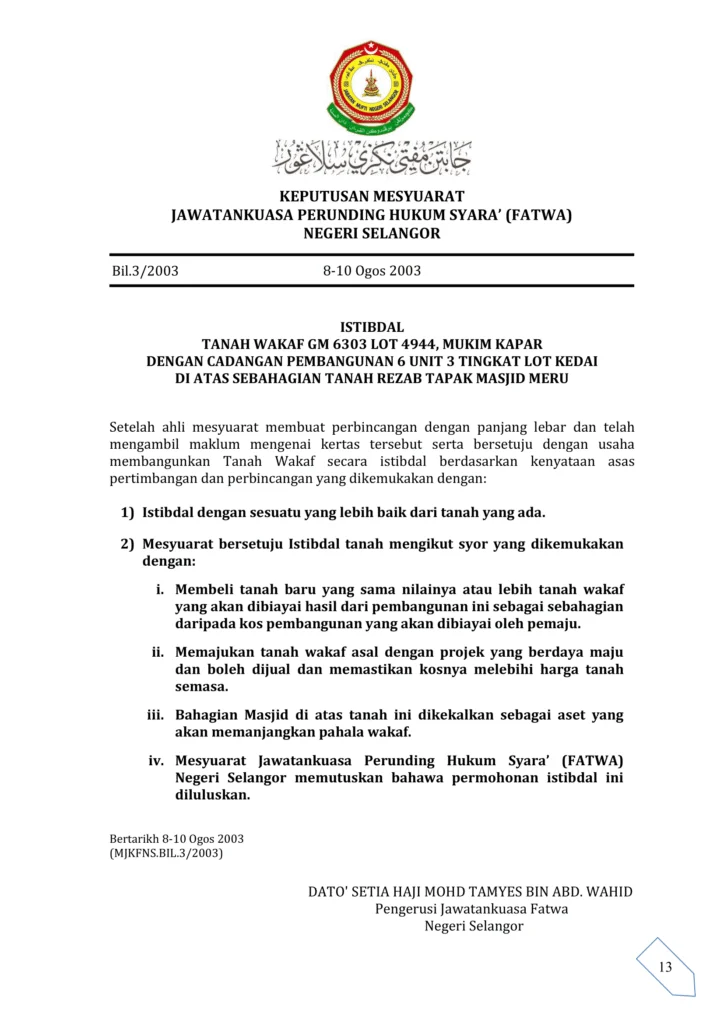 Imbasan halaman 1 daripada 1 — Istibdal Tanah Wakaf Gm 6303 Lot 4944, Mukim Kapar Dengan Cadangan Pembangunan 6 Unit 3 Tingkat Lot Kedai Di Atas Sebahagian Tanah Rezab Tapak Masjid Meru