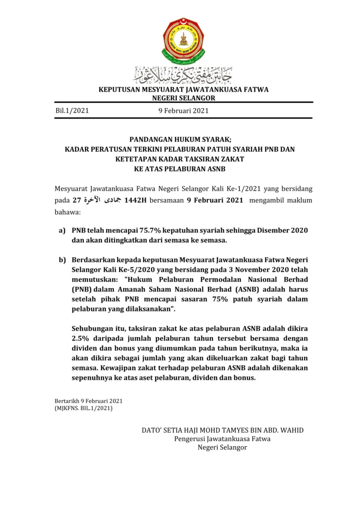 Imbasan halaman 1 daripada 1 — Pandangan Hukum Syarak; Kadar Peratusan Terkini Pelaburan Patuh Syariah PNB Dan Ketetapan Kadar Taksiran Zakat Ke Atas Pelaburan ASNB