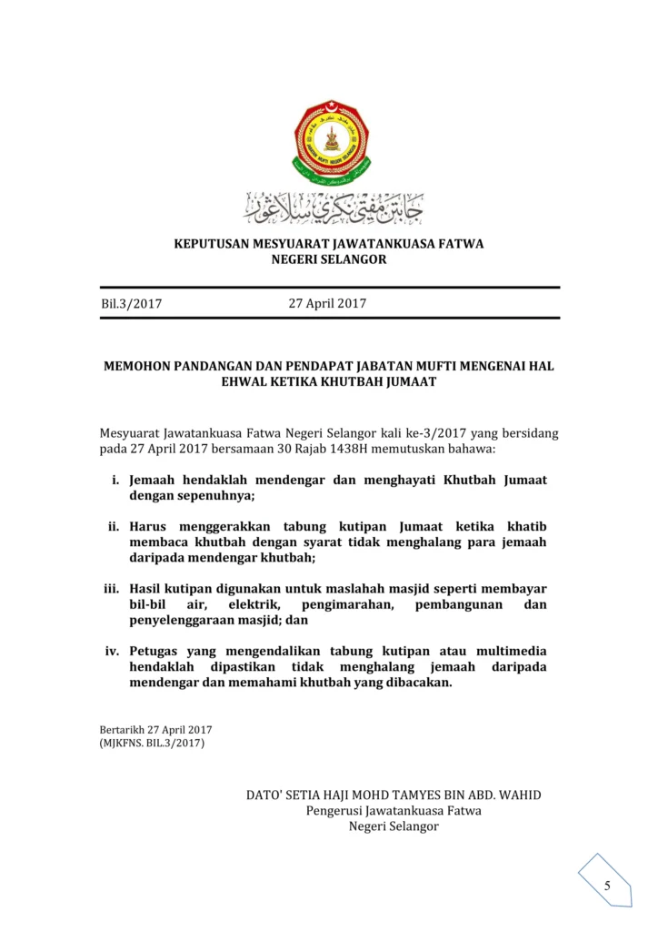 Imbasan halaman 1 daripada 1 — Memohon Pandangan dan Pendapat Jabatan Mufti Mengenai Hal Ehwal Ketika Khutbah Jumaat