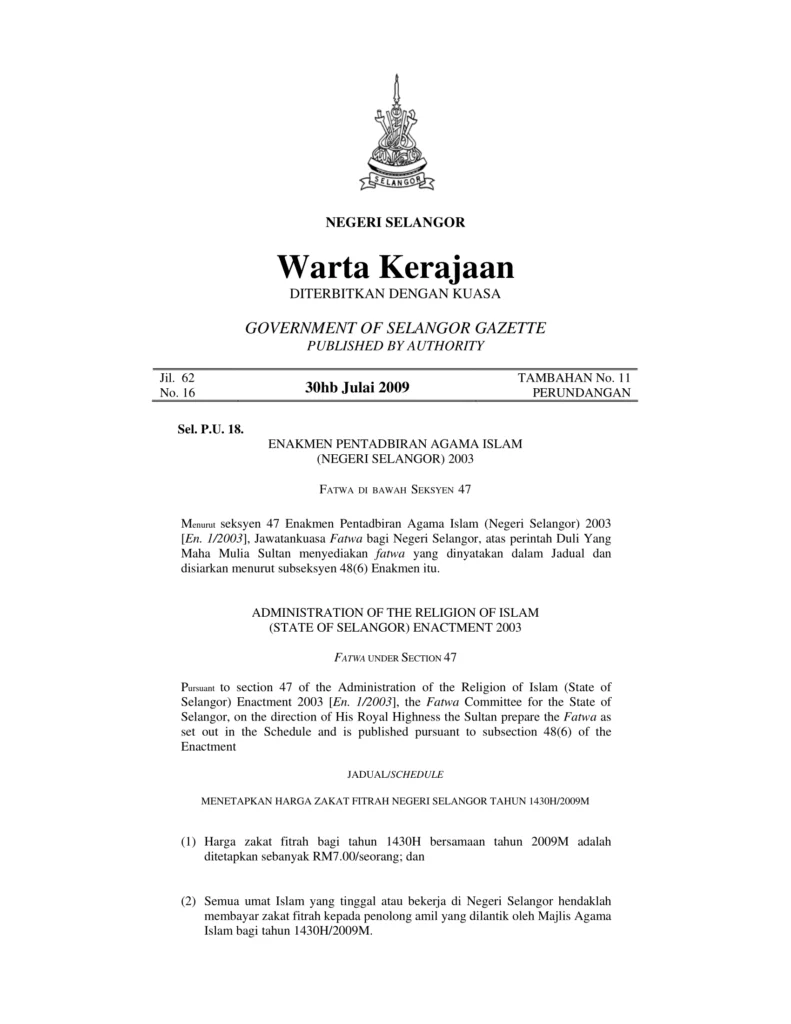 Imbasan halaman 1 daripada 2 — Menetapkan Harga Zakat Fitrah Negeri Selangor Tahun 1430H/2009M