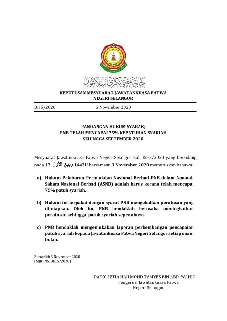 Imbasan halaman 1 daripada 1 — Pandangan Hukum Syarak : PNB Telah Mencapai 75% Kepatuhan Syariah Sehingga September 2020