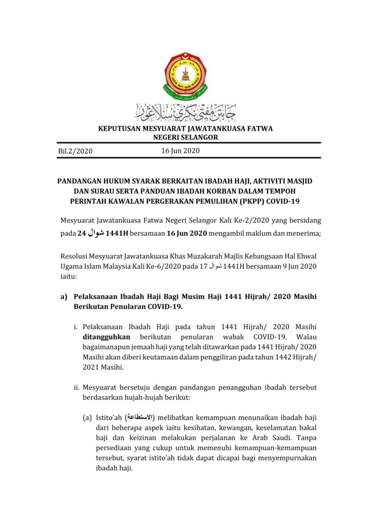 Imbasan halaman 1 daripada 3 — Pandangan Hukum Syarak Berkaitan Ibadah Haji, Aktiviti Masjid Dan Surau Serta Panduan Ibadah Korban Dalam Tempoh Perintah Kawalan Pergerakan Pemulihan (PKPP) Covid-19