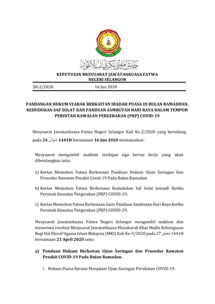 Imbasan halaman 1 daripada 5 — Pandangan Hukum Syarak Berkaitan Ibadah Puasa Di Bulan Ramadhan, Kedudukan Saf Solat Dan Panduan Sambutan Hari Raya Dalam Tempoh Perintah Kawalan Pergerakan (PKP) Covid-19