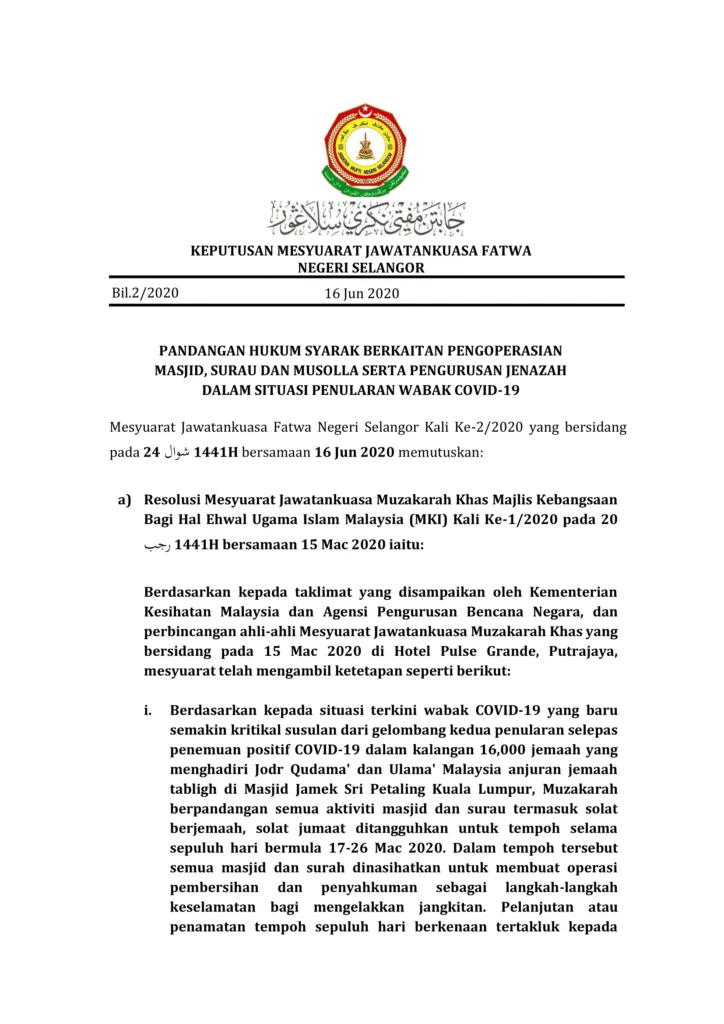 Imbasan halaman 1 daripada 3 — Pandangan Hukum Syarak Berkaitan Pengoperasian Masjid, Surau Dan Musolla Serta Pengurusan Jenazah Dalam Situasi Penularan Wabak Covid-19