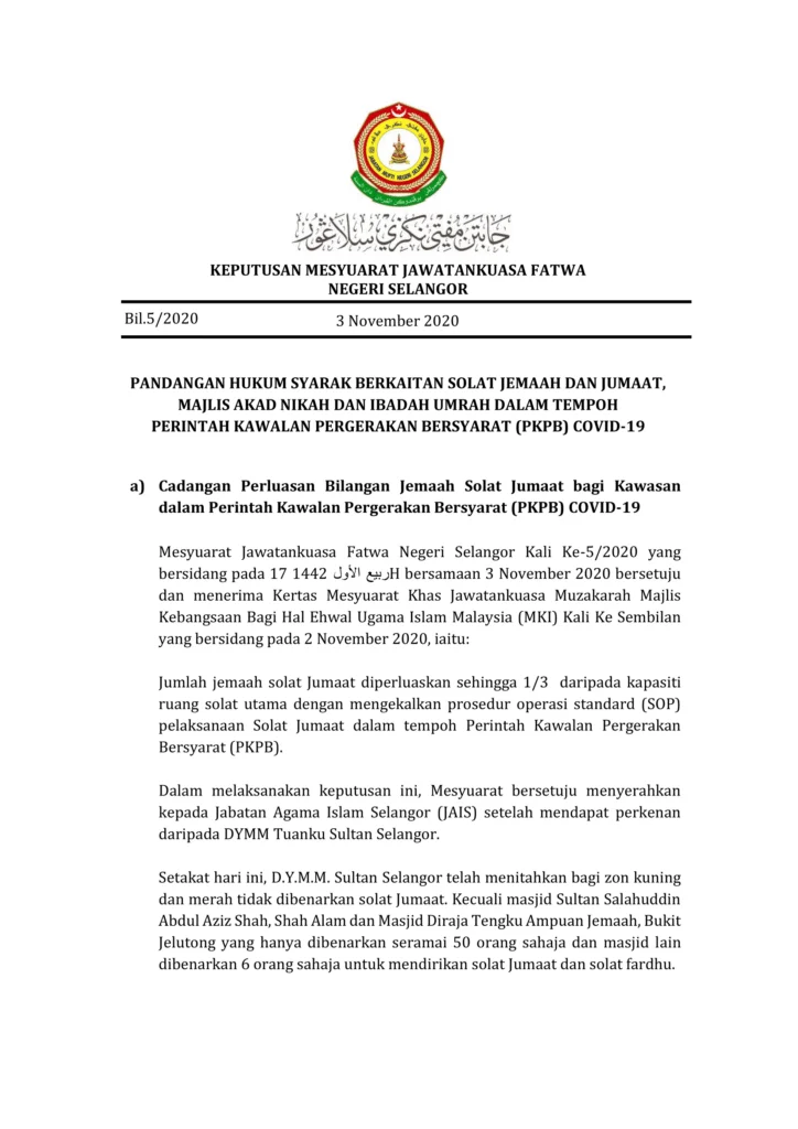 Imbasan halaman 1 daripada 2 — Pandangan Hukum Syarak Berkaitan Solat Jemaah Dan Jumaat, Majlis Akad Nikah Dan Ibadah Umrah Dalam Tempoh Perintah Kawalan Pergerakan Bersyarat (PKPB) Covid-19