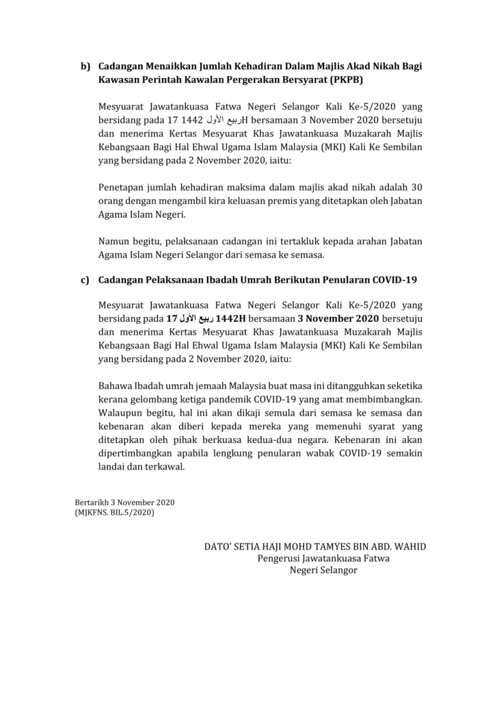 Imbasan halaman 2 daripada 2 — Pandangan Hukum Syarak Berkaitan Solat Jemaah Dan Jumaat, Majlis Akad Nikah Dan Ibadah Umrah Dalam Tempoh Perintah Kawalan Pergerakan Bersyarat (PKPB) Covid-19
