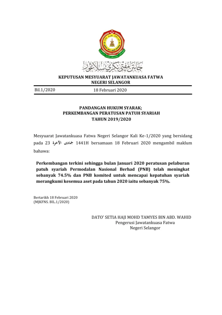 Imbasan halaman 1 daripada 1 — Pandangan Hukum Syarak Perkembangan Peratusan Patuh Syariah Tahun 2019/2020