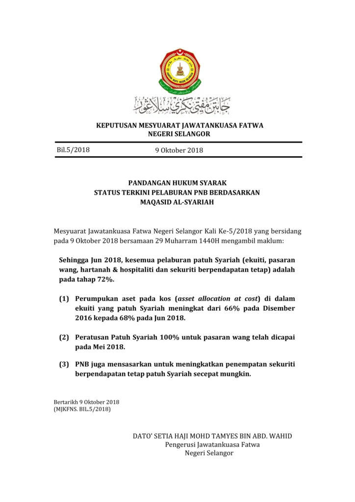 Imbasan halaman 1 daripada 1 — Pandangan Hukum Syarak Status Terkini Pelaburan PNB Berdasarkan Maqasid Al-Syariah