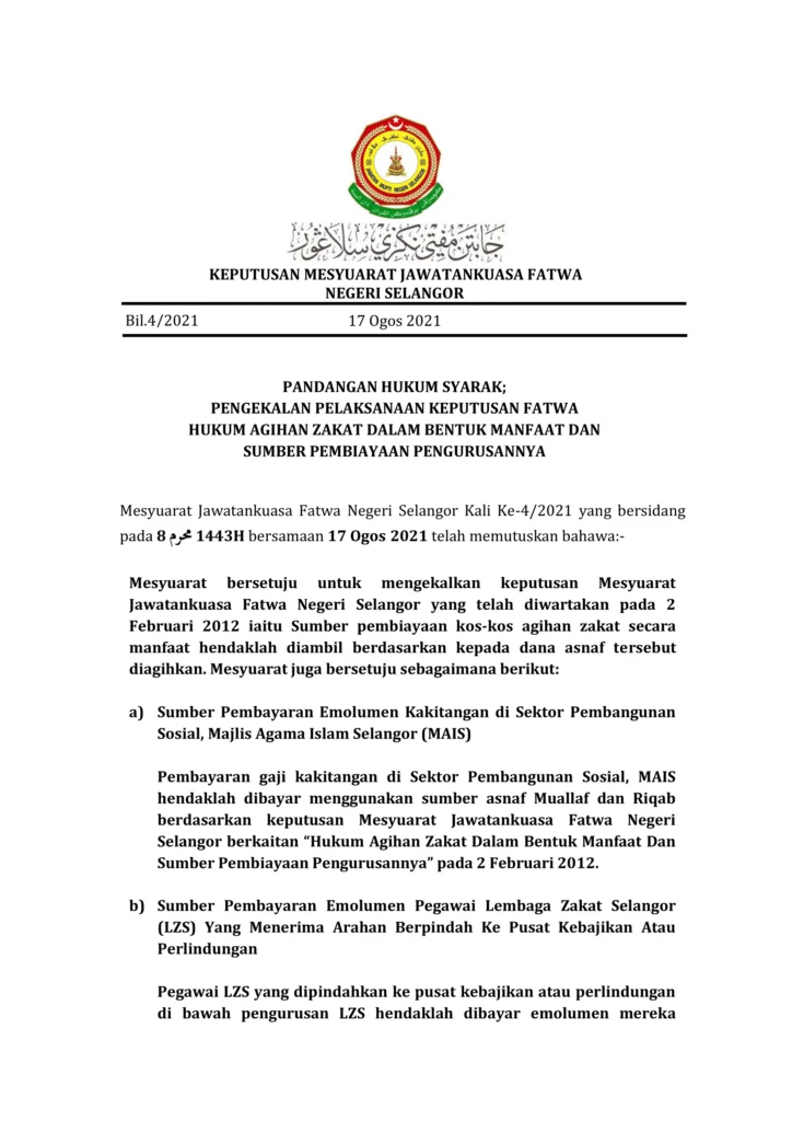Imbasan halaman 1 daripada 2 — Pandangan Hukum Syarak; Pengekalan Pelaksanaan Keputusan Fatwa Hukum Agihan Zakat Dalam Bentuk Manfaat Dan Sumber Pembiayaan Pengurusannya