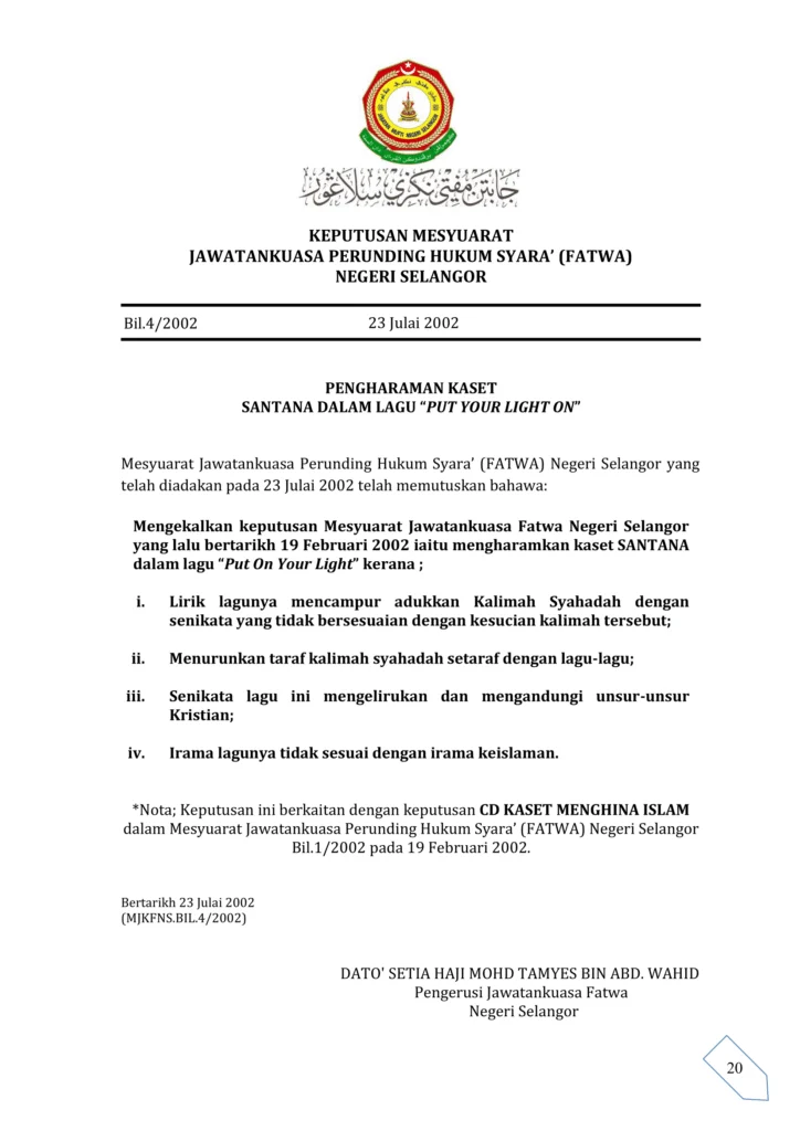 Imbasan halaman 1 daripada 1 — Pengharaman Kaset Santana Dalam Lagu “Put Your Light On”