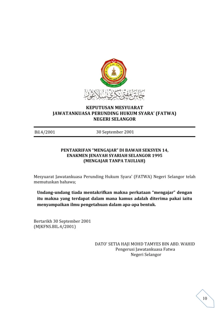 Imbasan halaman 1 daripada 1 — Pentakrifan “Mengajar” Di Bawah Seksyen 14, Enakmen Jenayah Syariah Selangor 1995 (Mengajar Tanpa Tauliah)