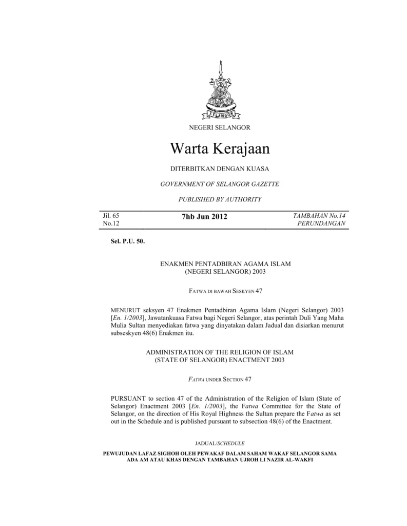 Imbasan halaman 1 daripada 2 — Pewujudan Lafaz Sighoh Oleh Pewakaf Dalam Saham Wakaf Selangor Sama Ada Am Atau Khas Dengan Tambahan Ujroh Li Nazir Al-Wakfi