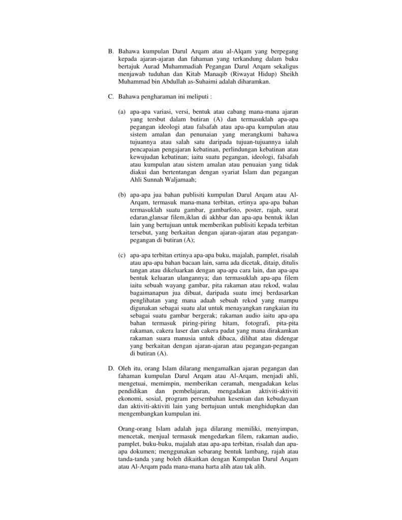 Imbasan halaman 2 daripada 3 — Pindaan Fatwa Tentang Fahaman Dan Ajaran Yang Dipegang Oleh Kumpulan Al-Arqam Pimpinan Haji Ashaari Muhammad