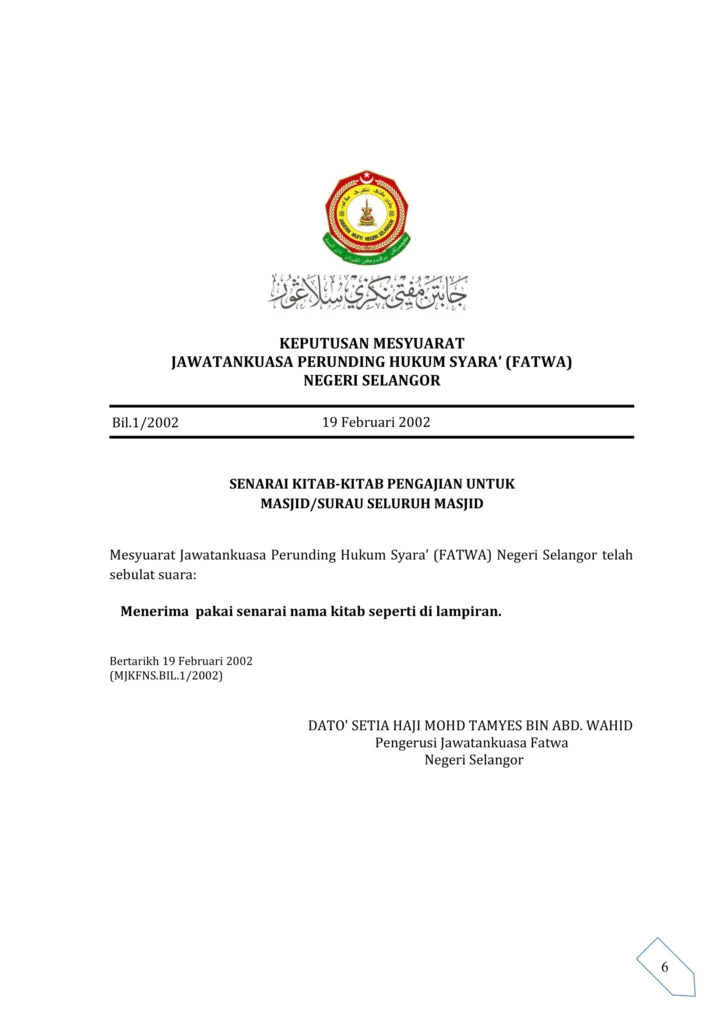 Imbasan halaman 1 daripada 7 — Senarai Kitab-Kitab Pengajian Untuk Masjid/Surau Seluruh Masjid