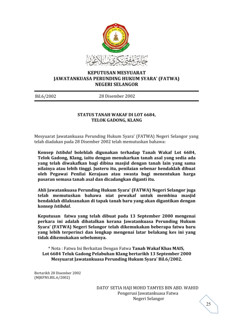 Imbasan halaman 1 daripada 1 — Status Tanah Wakaf Di Lot 6684, Telok Gadong, Klang